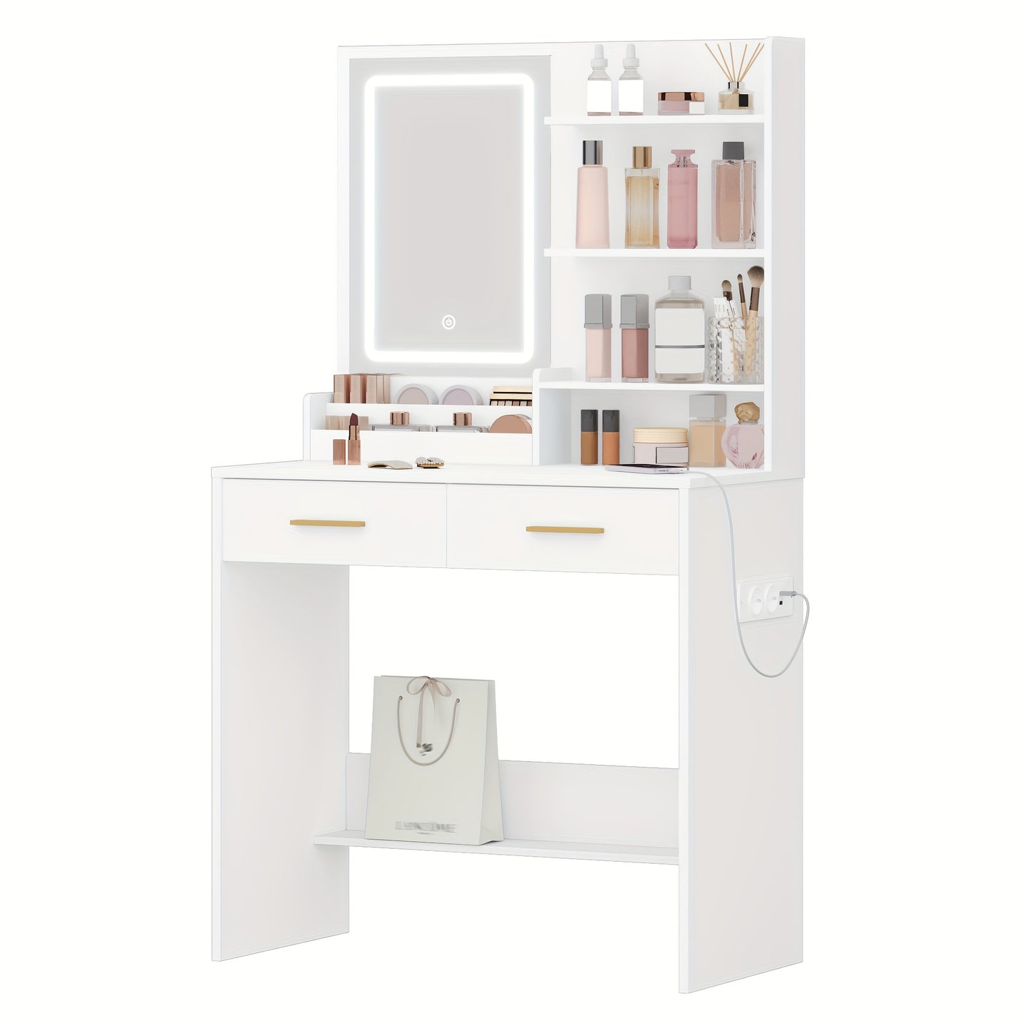 Kaptafel – Make-uptafel – Cosmeticatafel – Vanity – Opmaaktafel – LED Verlichting – 2 Lades & 2 USB Stopcontacten – Wit – 80x40x140 cm – Houtvezelplaat
