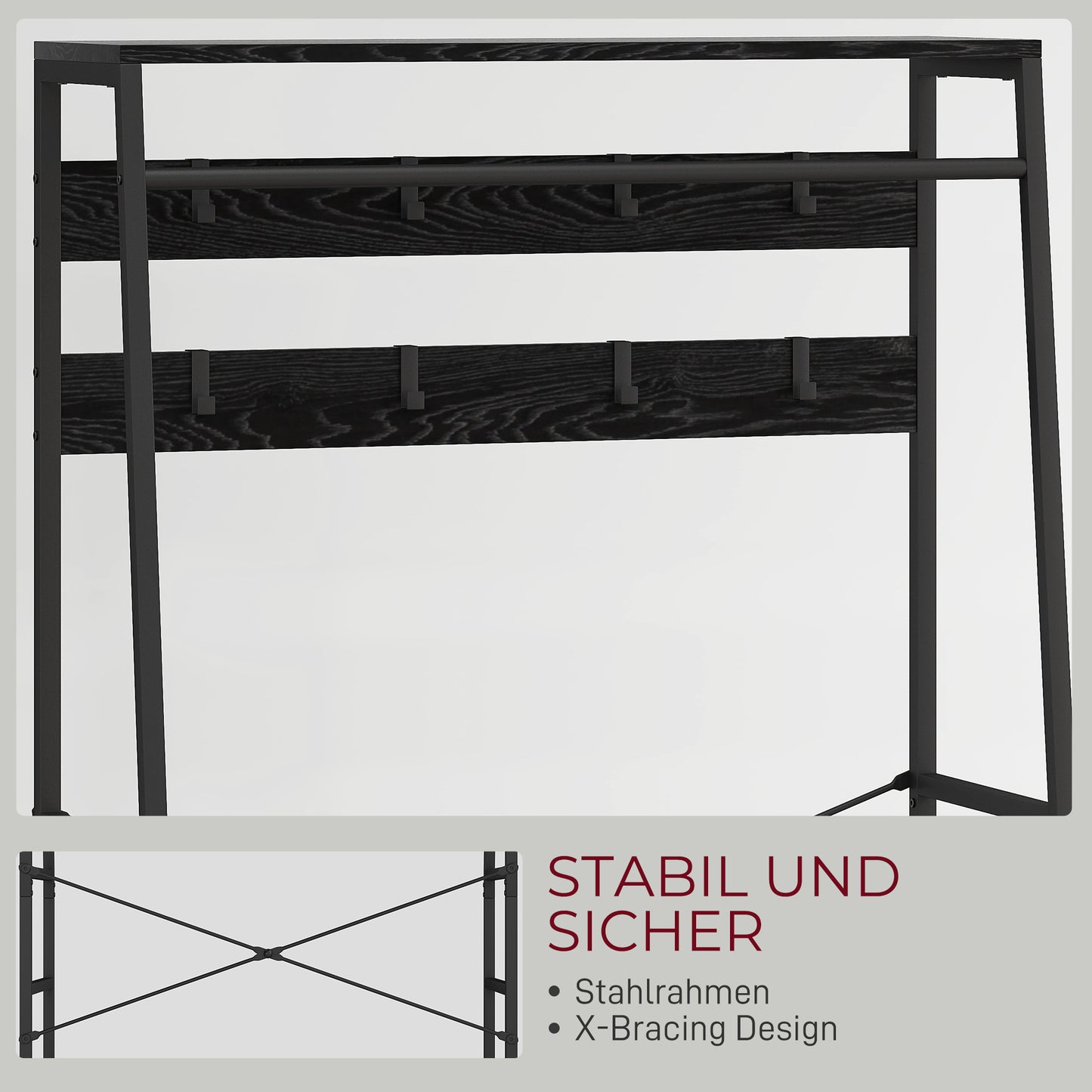 Kledingrek – Garderoberek – Kapstok – Kledingstandaard – Dressboy – Industrieel Design – Metaal – 2 Stoffen Lades – 8 Haken – Schoenenrek – Zwart – 80x30x180 cm – Stevig & Ruimtebesparend