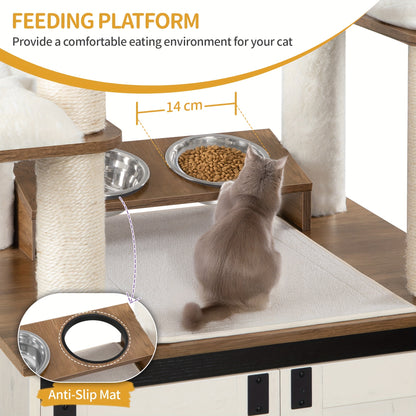 Krabpaal – Kattenkrabpaal – Kattenboom – Kattenmeubel – Kattenhuis – 173 cm Hoog – Met Kattenbakkast en Voerplek – Stevig Gelamineerd Hout & Afneembare Wasbare Kussens