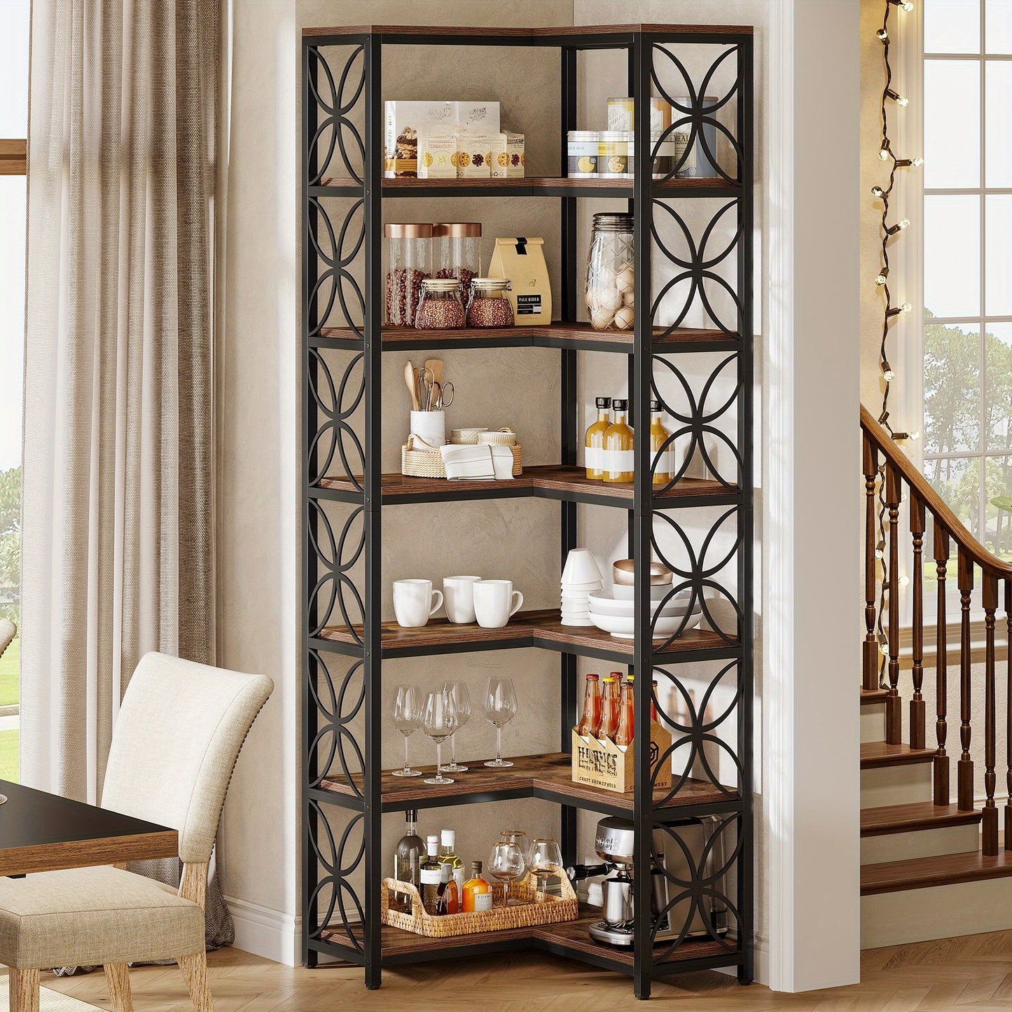 79-Inch Tall 7-Tier L-Shaped Corner Bookcase with Metal Frame - Heavy-Duty Freestanding Storage Shelf, Space-Saving Curved Design, Engineered Wood & Metal Construction, Contemporary Modern Style in Rustic Brown & Black for Li