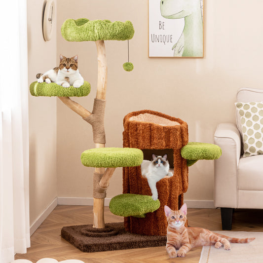 Kattenkrabpaal – Krabboom – Kattentoren – Krabmeubel – Kattenhuis – Tweelaagse Kattengrot – Stevig Houten Frame – Sisal Krabpaal Met Speelbal – Bruin Groen 80x50x141 cm