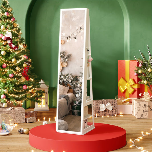 Jewelry Cabinet Wardrobe, 164.59 cm Jewelry Storage Box, with 1 Hanger, Lockable Full Body Mirror with 4 Wheels, Storage Rack with Hooks, White, Jewelry Armoires