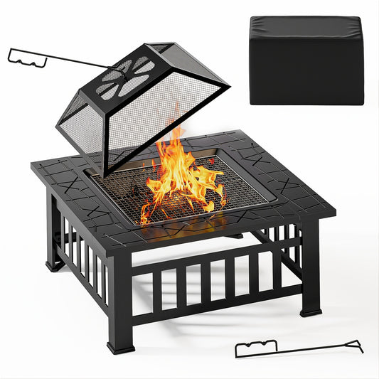 Vuurschaal Vierkant – Vuurkorf – BBQ Grill – Buitenhaard – Tuinhaard – Metaal – Spatscherm – 81x81x35 cm – Inclusief Waterdichte Afdekhoes
