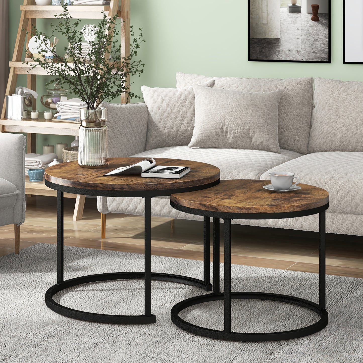 Set van 2 Ronde Bijzettafels – Salontafel – Nachtkastje – Tafelset – Side Table – Bruin Metalen Frame – Ruimtebesparend Ontwerp – Eenvoudig Montagedesign