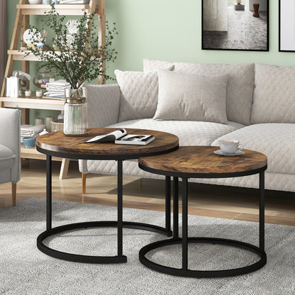 Set van 2 Ronde Bijzettafels – Salontafel – Nachtkastje – Tafelset – Side Table – Bruin Metalen Frame – Ruimtebesparend Ontwerp – Eenvoudig Montagedesign