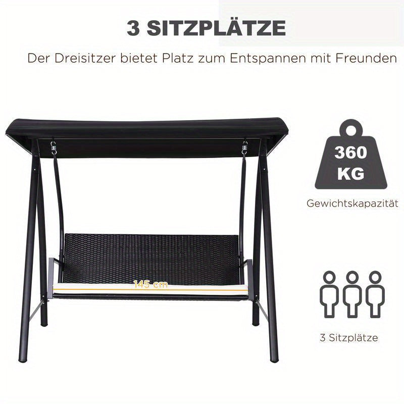 Heavy Duty Metal Porch Swing Chair with Adjustable Sun Shelter & Cushioned Seat - 360kg Capacity, 198x124x179cm Large Outdoor Swing Bed for Patio, Yard, Garden