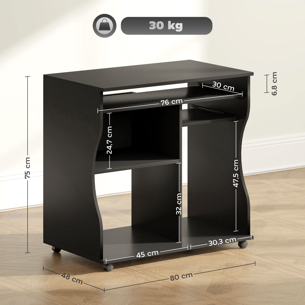 Comput Bureau – Computertafel – Werkplek Tafel – Bureau Met Opbergruimte – Keyboardlade – Compact 80x48x75 cm – Stevig Matzwart Met Vijf Wielen