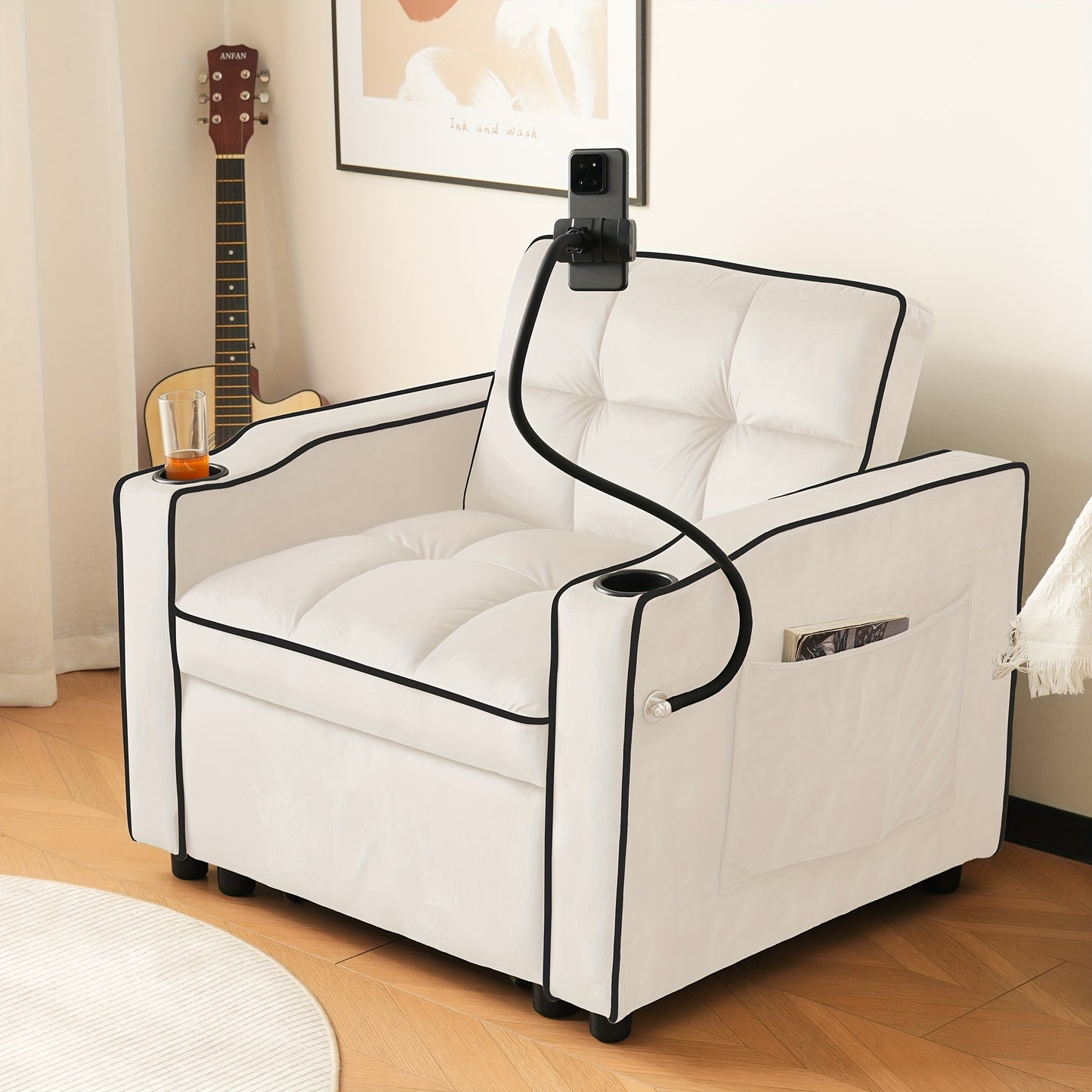 3-in-1 Foam Bank – Slaapbank – Loungestoel – Armstoel – Slaapstoel – Beige – Comfortabele Schuimvulling – Ingebouwde Cup- en Telefoonhouders