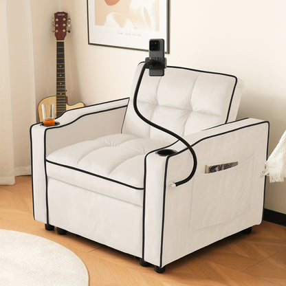 3-in-1 Foam Bank – Slaapbank – Loungestoel – Armstoel – Slaapstoel – Beige – Comfortabele Schuimvulling – Ingebouwde Cup- en Telefoonhouders