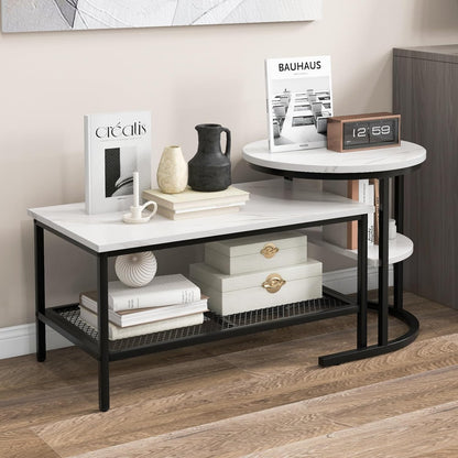 Salontafel – Bijzettafel – Woonkamertafel – Sofa Tafel – 2-Delige Set – Marmerlook Tafelbladen – Stevig Metalen Frame