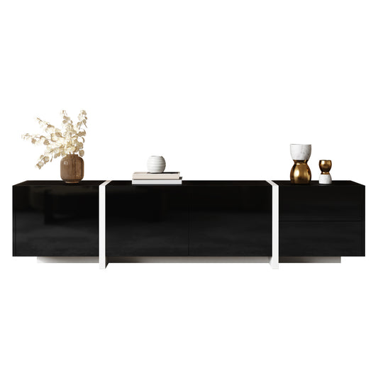 TV Meubel – Media Kast – Tv Dressoir – Entertainment Unit – Opbergkast – Witte Hoogglans Afwerking – Zwarte Poten – Ruime Opbergruimte – Minimalistisch Design