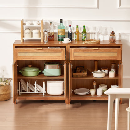 Rattan Opbergkast – Opbergmeubel – Dressoir – Kast – Buffetkast – 63 Inch – Handgevlochten Natuurlijk Rattan – Verstelbare Planken & Anti-Kantelset