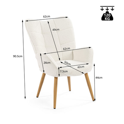 Loungestoel – Fauteuil – Leunstoel – Relaxstoel – Zithoekstoel – Scandinavisch Design – Fleece Bekleding – Houten Poten – Wit – 72x62x90,5 cm