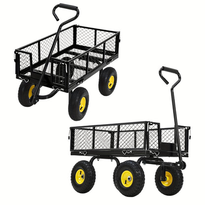 Heavy-Duty Steel Garden Cart with 180° Rotating Handle, Removable Sides & All-Terrain Large All-Terrain Tires - Sturdy Steel Frame, Green & Design, Large Capacity Utility Wagon for Yard, Farm, Beach, Lawn Care, Construction