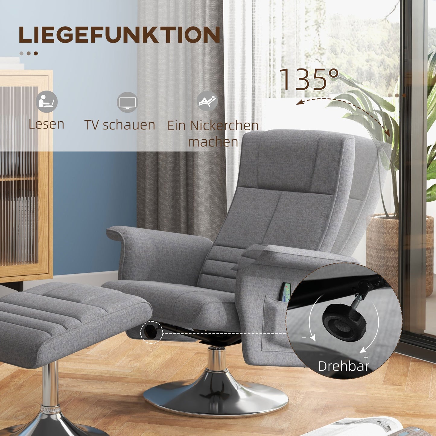 Massagestoel – Relaxstoel – Massagefauteuil – Wellnessstoel – Zitstoel – Donkergrijs – Verstelbare Rugleuning – Inclusief Voetensteun – Compact Formaat 78x95x88 cm