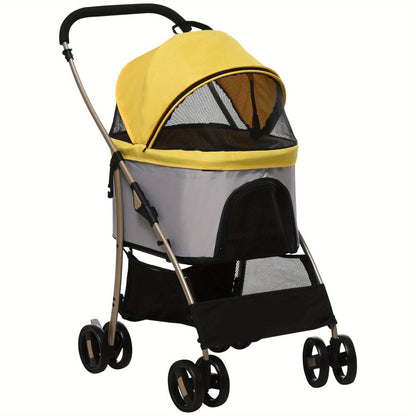 Honden Trolley – Hondenwagen – Huisdier Buggy – Draagtas – Hondenwagen Opvouwbaar – Oxford Stof – Ventilerend Gaasvenster – Geel