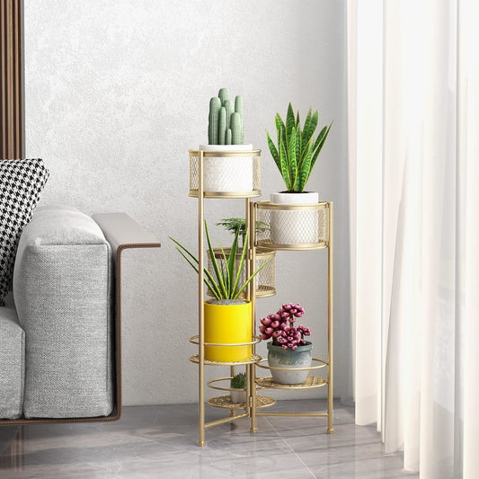 Plantenstandaard – Bloemenrek – Plantenhouder – Bloempot standaard – Opvouwbare plantenrek – 6 Niveaus – Goud Metaal – Duurzaam en Ruimtebesparend