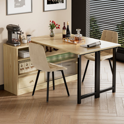 Extendable Folding Dining Table with Storage - Space-Saving Modern Design, 360° Rotating Tabletop, Large Storage Compartment & Sturdy Metal Frame - Natural Wood-Like Finish & Black Expandable Table for Small Spaces, Apartmen