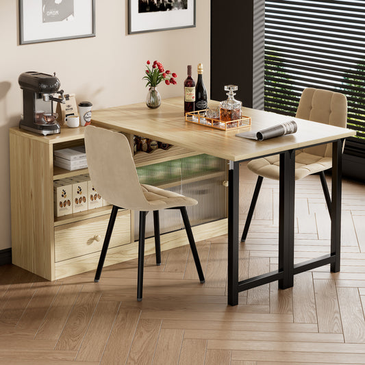Extendable Folding Dining Table with Storage - Space-Saving Modern Design, 360° Rotating Tabletop, Large Storage Compartment & Sturdy Metal Frame - Natural Wood-Like Finish & Black Expandable Table for Small Spaces, Apartmen