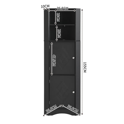 Hoekbadkamerkast – Badkamerkast – Opbergkast – Badkamermeubel – Kast Hoek – Verstelbare Planken – Vochtbestendig Zwart – 36,5x36,5x155 cm – 3,2+ Kubieke Voet – Vrijstaand – Zonder Batterijen
