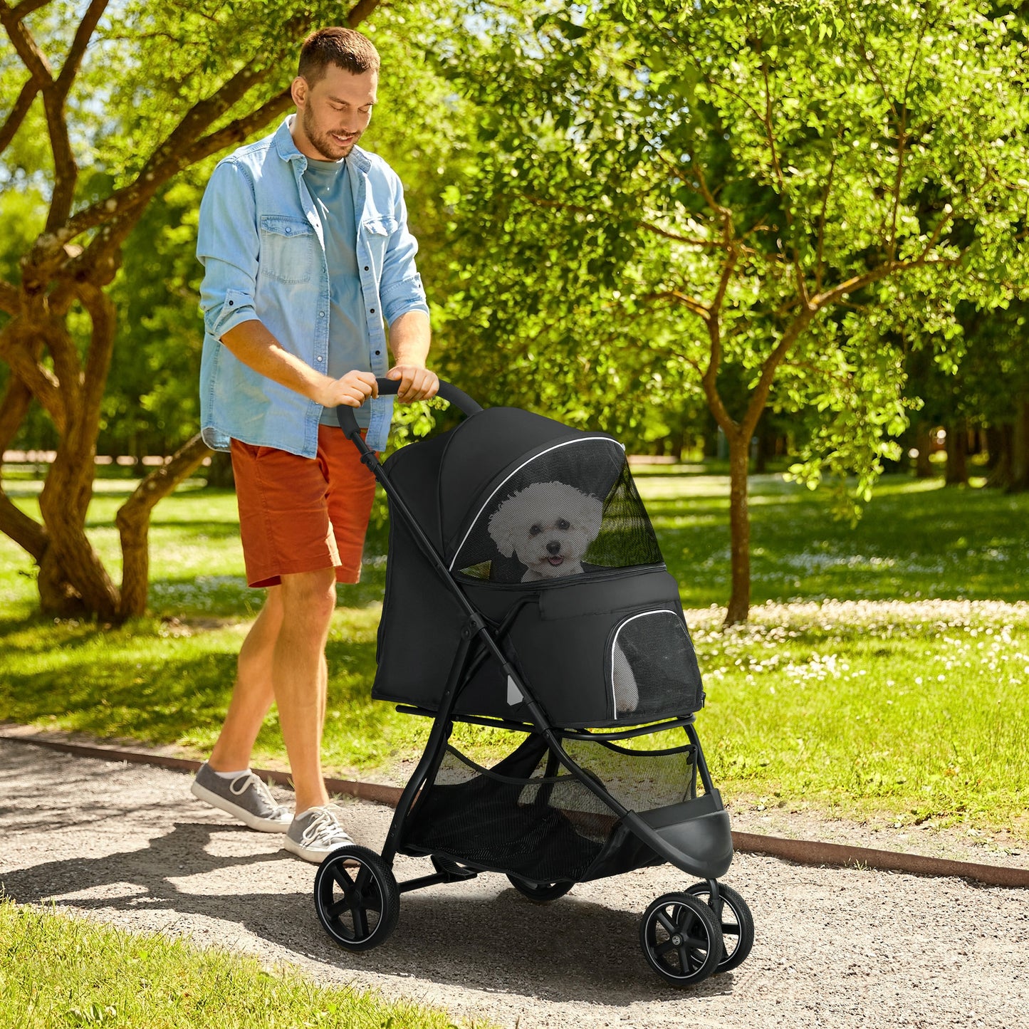 Inklapbare Huisdier Buggy – Dierenwagen – Hondenwagen – Kattenwagen – Wandelwagen – Zwart – Stevig Metaal Frame – 4 EVA Wielen