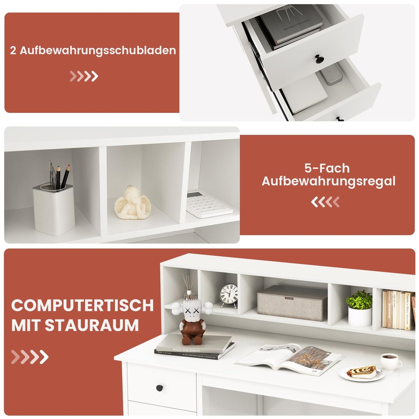 Bureau – Computertafel – Kindertafel – Pc Tafel – Thuiswerkplek – Wit – 120x60x110 cm – 2 Laden en 5 Vakjes – Stevige MDF Constructie