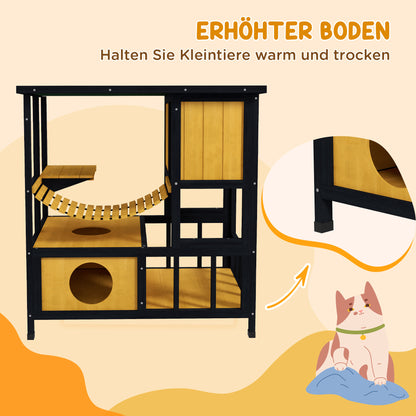 Kattenhuis – Kattenhok – Kattenverblijf – Kattenhut – Buitenhuis – Weerbestendig Hout – Speelplatform & Loopbrug – Groen + Nature – 84,5 x 60 x 88 cm
