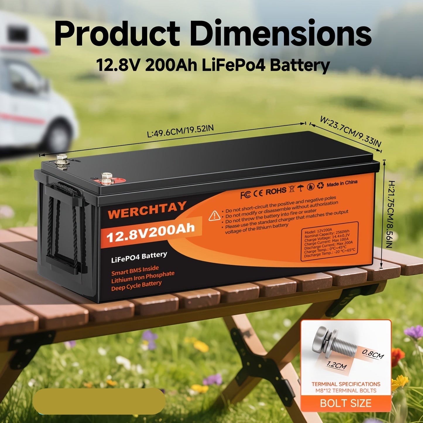 12,8V 200Ah LiFePO4 Accu – Lithium Batterij – Noodaccu – Zonne-energie Batterij – Camping Accu – Hoge Capaciteit – BMS Beveiliging – Lange Levensduur