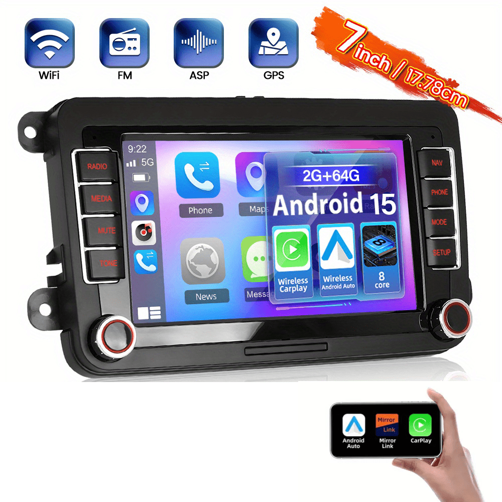 [2G+64G] Android 15 7" Touchscreen  Radio for Volkswagen,, Caddy T5, Tiguan Transporter, Golf MK5, MK6 Beetle, Skoda Octavia Seat with Wireless CarPlay, Android Auto, GPS, FM and RDS