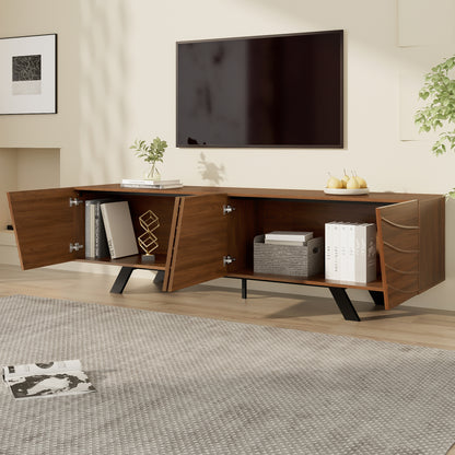 Modern Wave-Front TV Stand with Walnut-Grain Cabinet & Black Wrought-Iron Legs - Metal Entertainment Center with Cable Management, Shelving & Ample Storage Suitable for, Entryway (160×39×50.5cm)