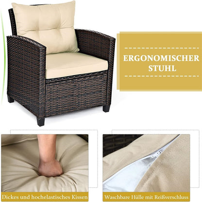 Tuinset – Rattan Tuinmeubelen – Polyrattan Zitgroep – Bistroset – Loungeset – 3-delig – Weerbestendig Stalen Frame – Inclusief Zitkussens en Glazen Tafelblad