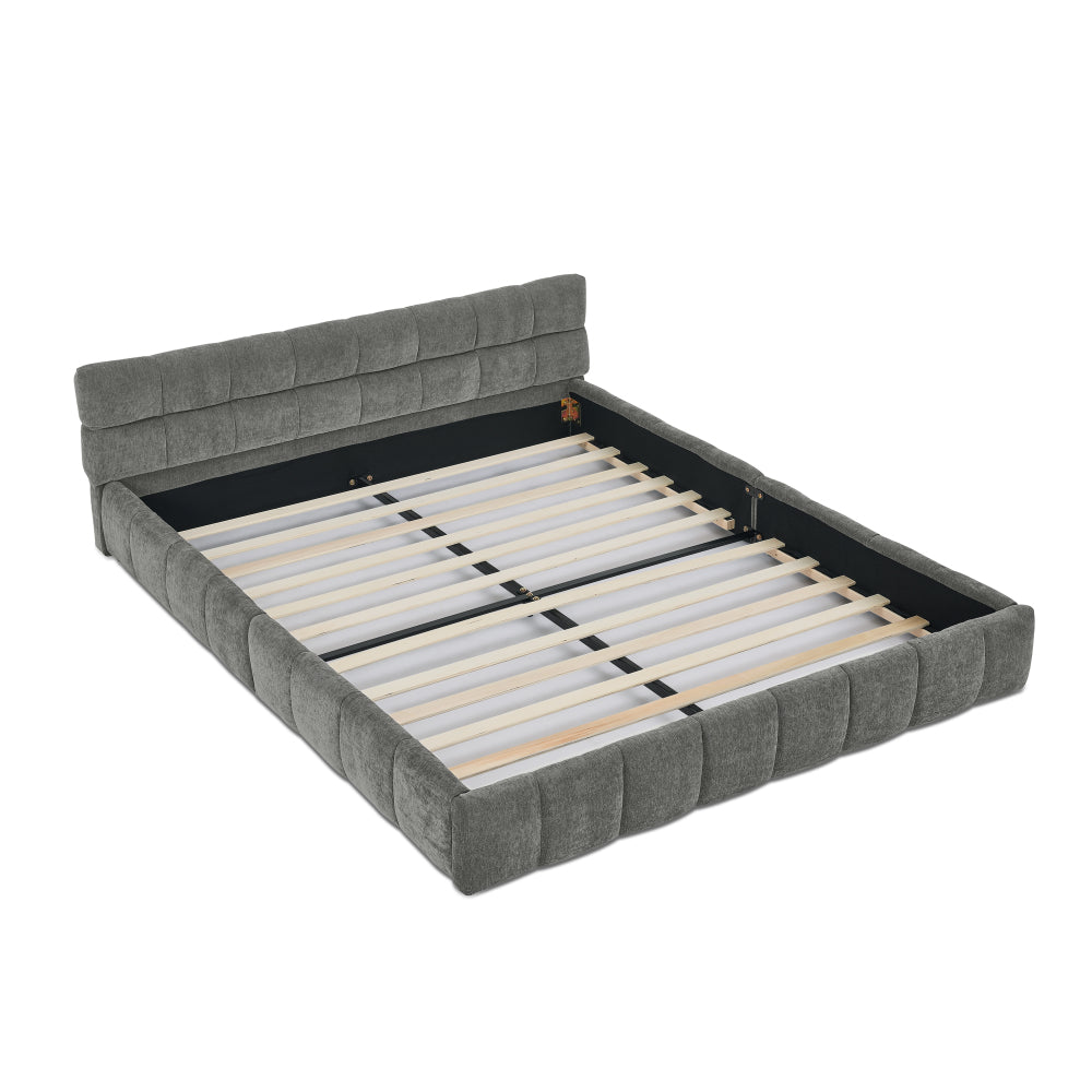 Bedframe – Tweepersoonsbed – Ledikant – Slaapbank – Platformbed – Donkergrijs Chenille – 160x200 cm – Stevig Eucalyptus Hout & IJzeren Frame