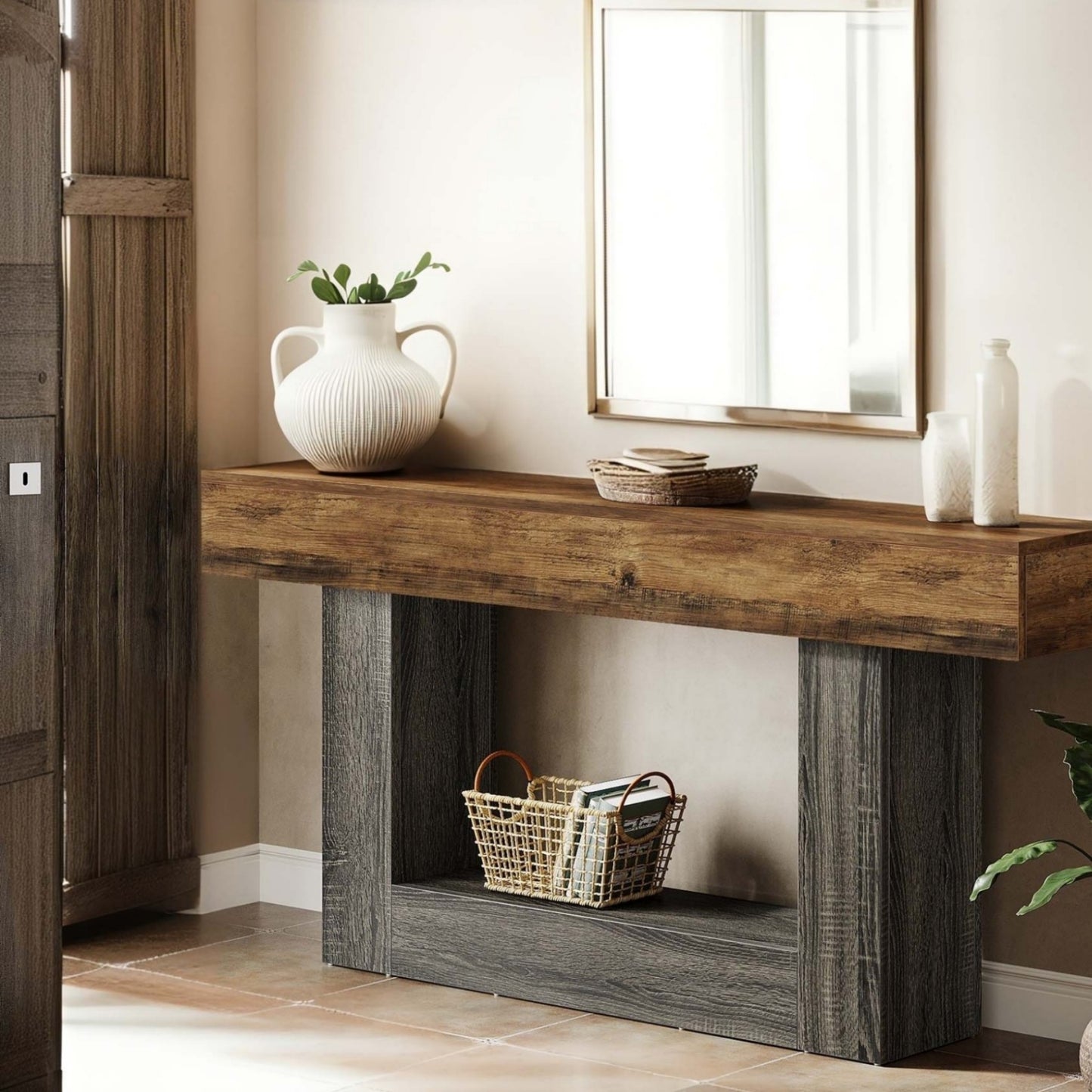 Console Tafel – Sidetable – Haltafel – Sofa Tafel – Wandtafel – Vintage Bruin & Grijs – 160 cm Lang – U-Vormige Onderstel