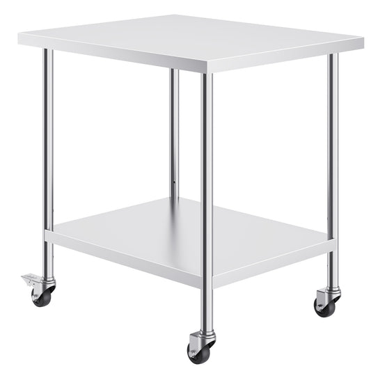 RVS Werktafel – Roestvrijstalen Werkbank – Keukentafel – Cateringtafel – Professionele Werktafel – 91x76x97 cm – 3 Verstelbare Planken – 4 Zwenkwielen Met Rem
