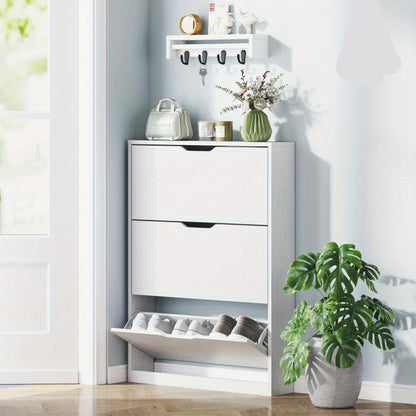 Schoenenkast – Schoenenrek – Schoenkast – Schoenenopberger – Opbergkast – Smal Design – 3 Deuren Met Schoenhelling – Ruimtebesparend 80x17x108 cm – Wit Gerecycled Hout