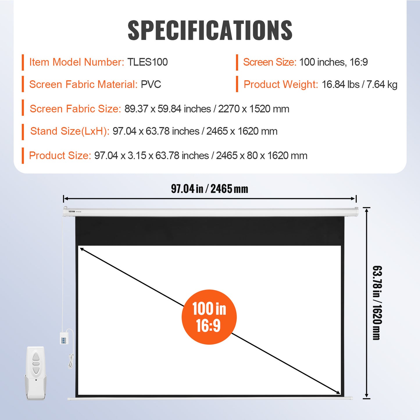 Elektrisch Projectiescherm – Motorisch Projectiescherm – Projectiescherm 100 Inch – Elektrisch Beeldscherm – Automatisch Scherm – 16:9 Formaat – Hoogreflecterend PVC – Afstandsbediening