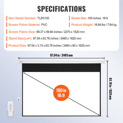 Elektrisch Projectiescherm – Motorisch Projectiescherm – Projectiescherm 100 Inch – Elektrisch Beeldscherm – Automatisch Scherm – 16:9 Formaat – Hoogreflecterend PVC – Afstandsbediening