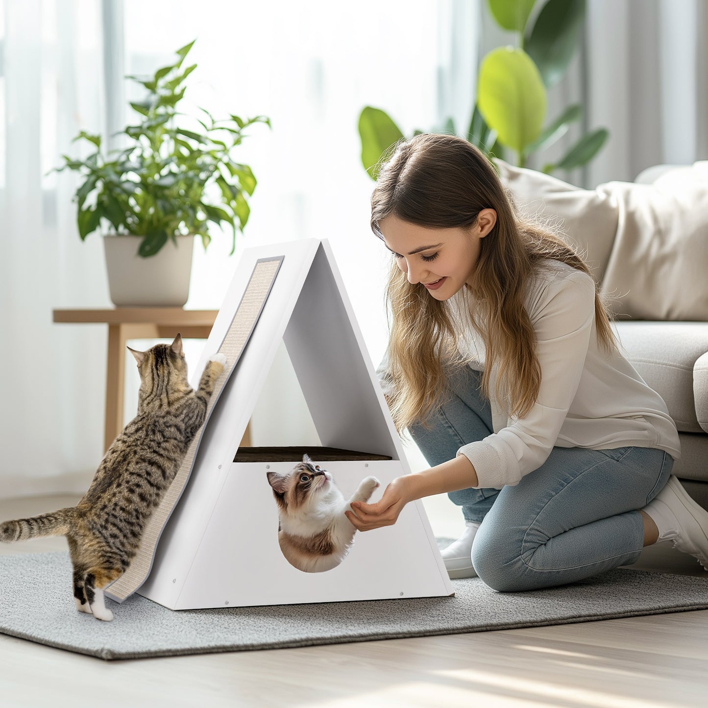 Kattenhuis – Kattenmand – Kattenhol – Kattenhut – Kattenverblijf – 2 Verdiepingen Met Matten – 4 Sisal Krabpalen – Hout – Wit-Beige