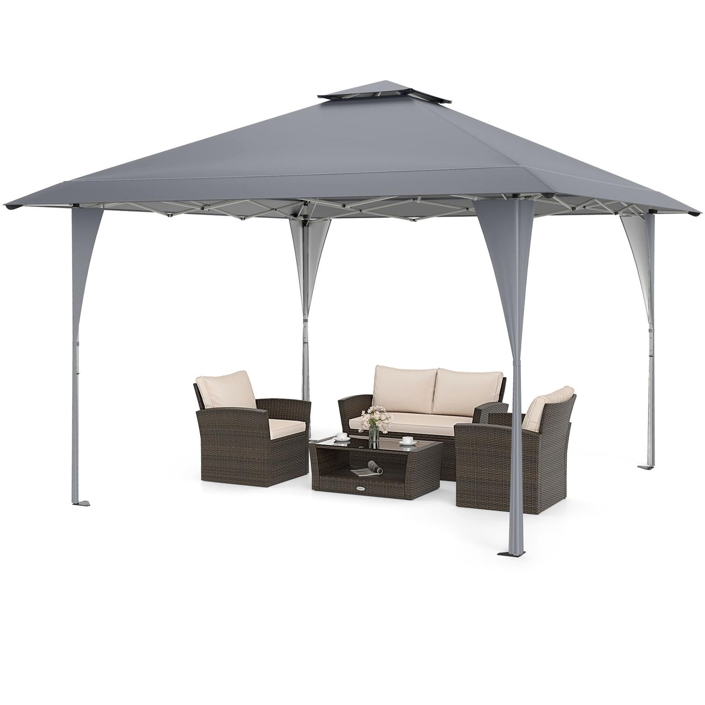 Pop-Up Pavilion – Tuinpaviljoen – Partytent – Vouwtent – Prieel – Waterbestendig – Verstelbare Hoogte – Grijs – Met Dubbele Dak – Stevig Metalen Frame