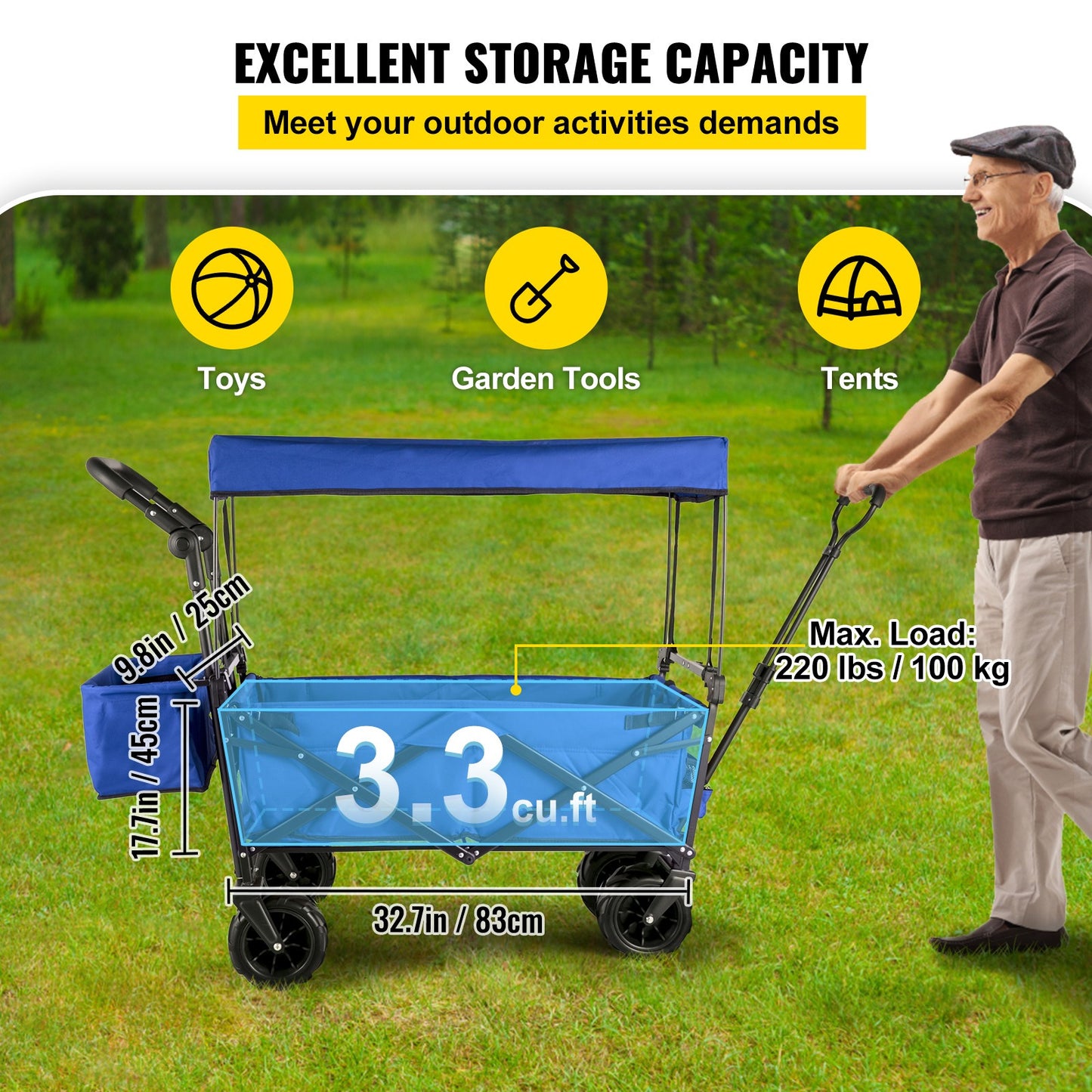 Bolderkar – Bolderwagen – Transportkar – Strandkar – Opvouwbare Kar – 85 cm Laadruimte – Staal Frame Met Afneembare Zonkap – 360° Draaibare Wielen