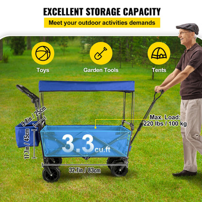 Bolderkar – Bolderwagen – Transportkar – Strandkar – Opvouwbare Kar – 85 cm Laadruimte – Staal Frame Met Afneembare Zonkap – 360° Draaibare Wielen