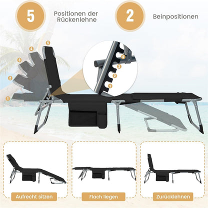 Zonnebed – Ligstoel – Tuinbed – Strandstoel – Relaxstoel – Verstelbare Rugleuning en Voetsteun – Afneembare Kussen en Zwart Design