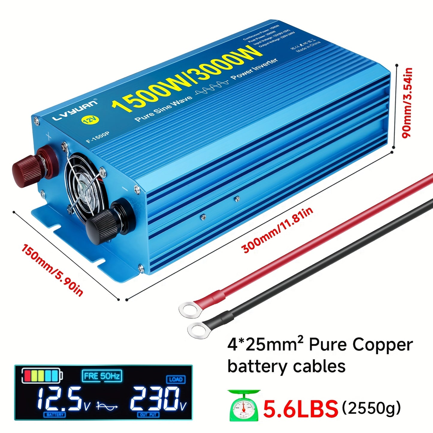 Omvormer – Spanningsomvormer – Stroomomzetter – Inverter – Converter – 1500W Continu Vermogen – Pure Sinusgolf Met LCD-Display