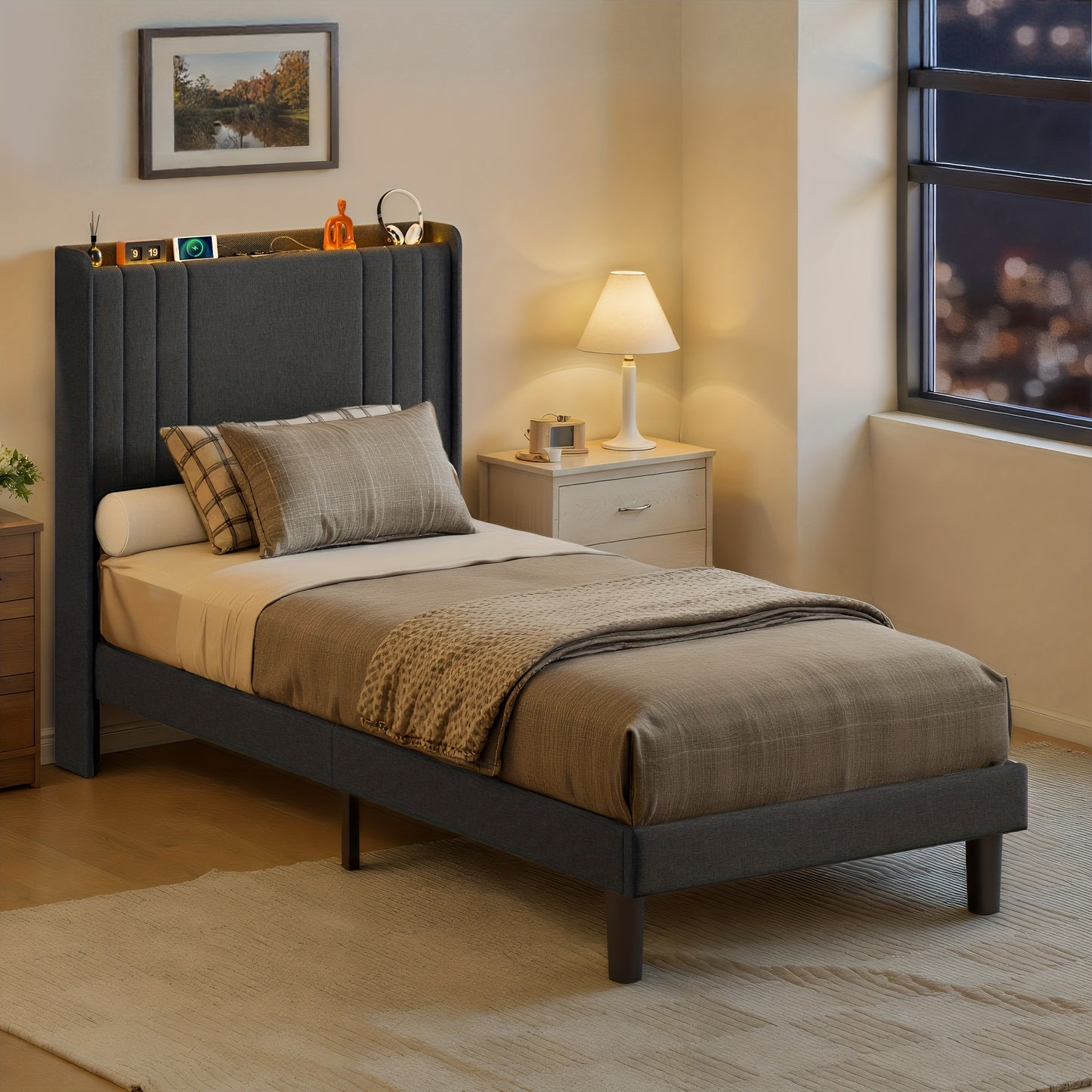 Eenpersoonsbed – Bedframe – Slaapbank – Opbergbed – Stijlvol Bed – Donkergrijs – Geluidsarm – 16 cm Opbergruimte Onderbed