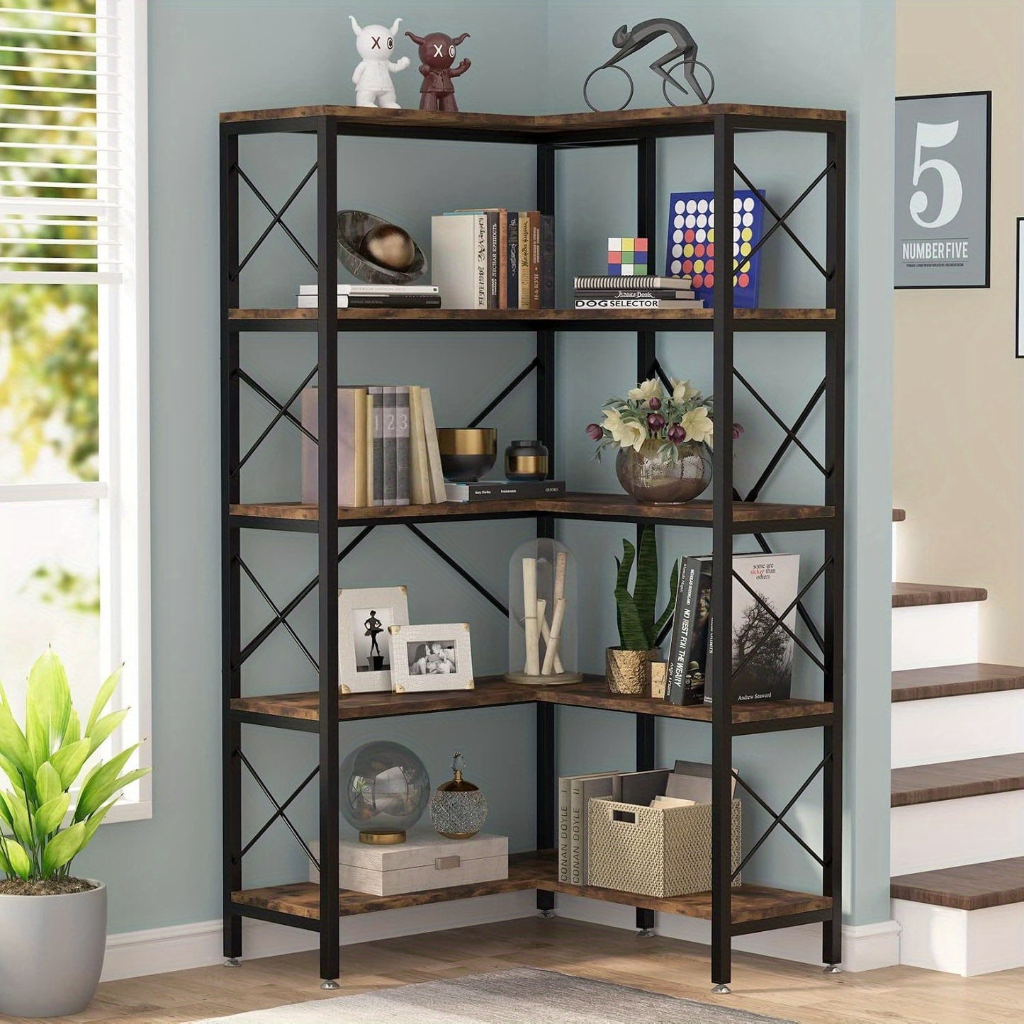 Industriële Hoek Boekenkast – Boekenplank – Opslagrek – Display Rek – Opbergmeubel – Rustiek Modern – Met Metaalframe & Houten Planken – Verstelbare Voetjes & X-Bar Stabiliteit