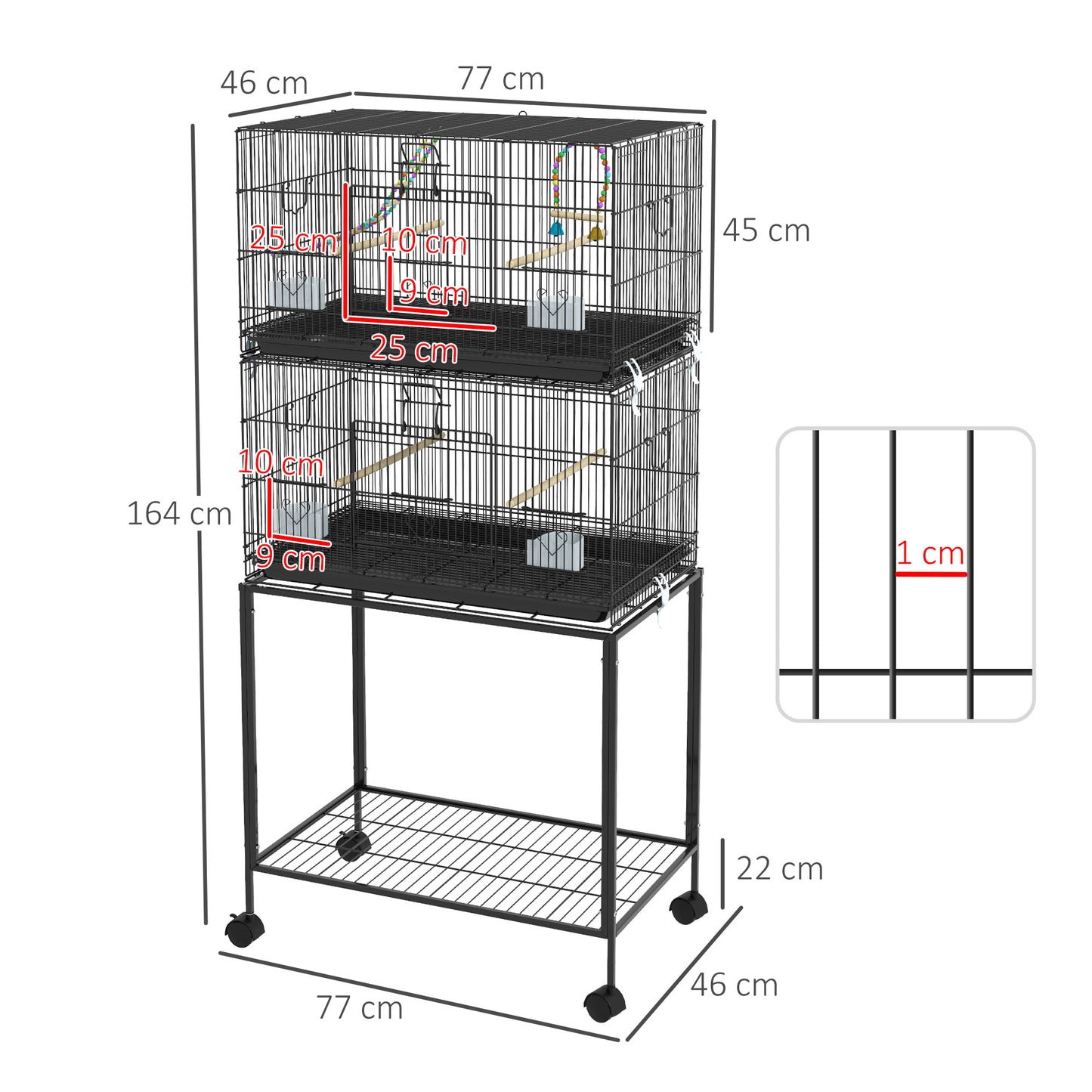 Vogelkooi – Vogelverblijf – Vogelhuis – Vogelkast – Vogelren – Dubbele Kooi Met Standaard – Verwijderbare Bak – Robuust Stalen Frame – Wieltjes Met Remmen – 77L x 46W x 164H cm – Zwarte Kleur