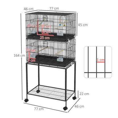 Vogelkooi – Vogelverblijf – Vogelhuis – Vogelkast – Vogelren – Dubbele Kooi Met Standaard – Verwijderbare Bak – Robuust Stalen Frame – Wieltjes Met Remmen – 77L x 46W x 164H cm – Zwarte Kleur