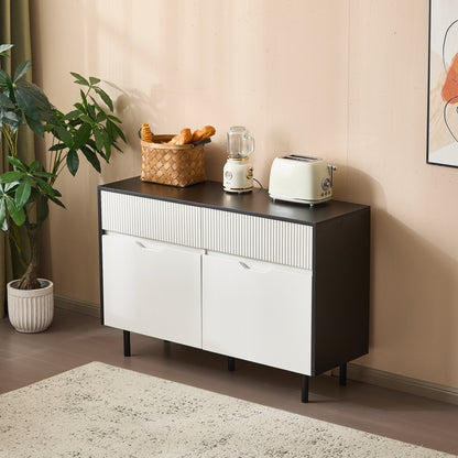 120cm/47-inch Modern White & Black Metal Storage Cabinet with Slotted Drawers & Adjustable Shelves - Heavy-Duty Freestanding 2-Door Hallway, Kitchen, Living Room, Dining Room Organizer - Easy Assembly (Non-Wood) Tall Shelving