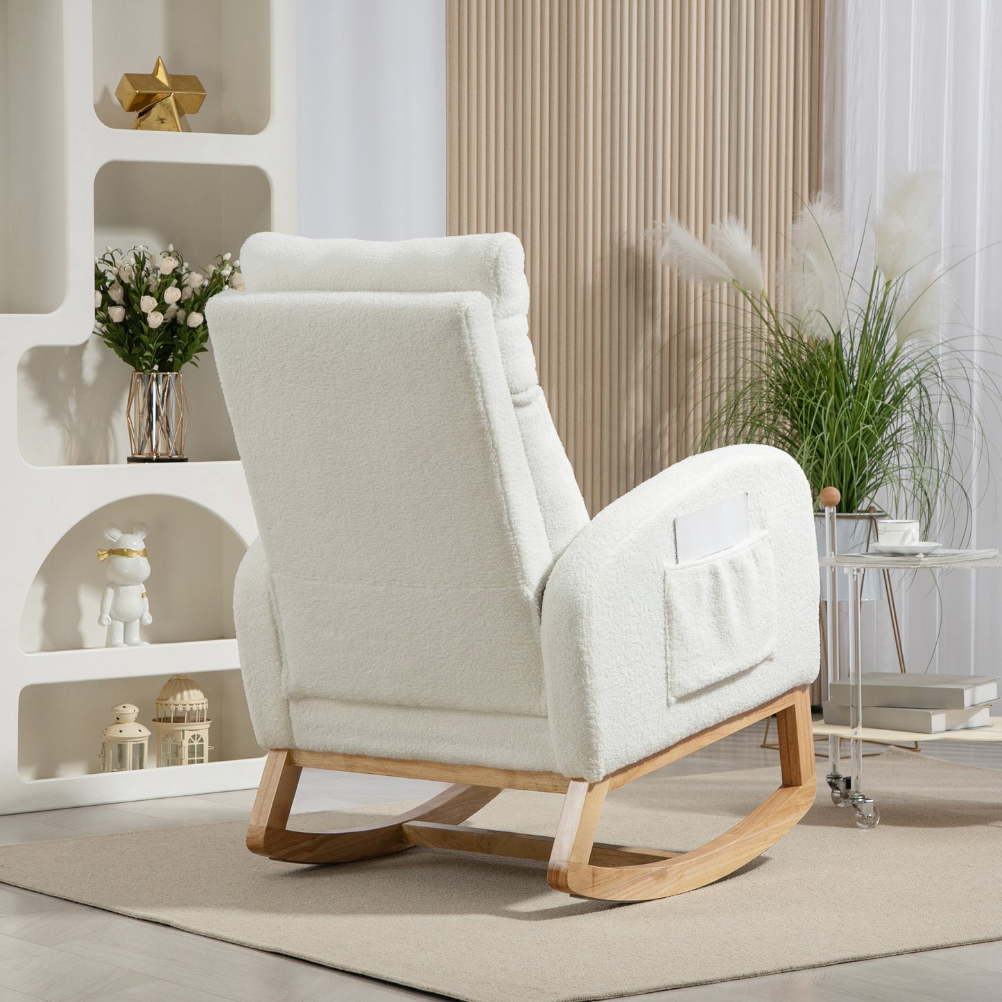 Draaifauteuil – Relaxfauteuil – Zwarte Fauteuil – Schommelstoel – Lounge Stoel – Crèmekleurig – Houten Frame – Dikke Padding – Max 120 kg Belastbaar