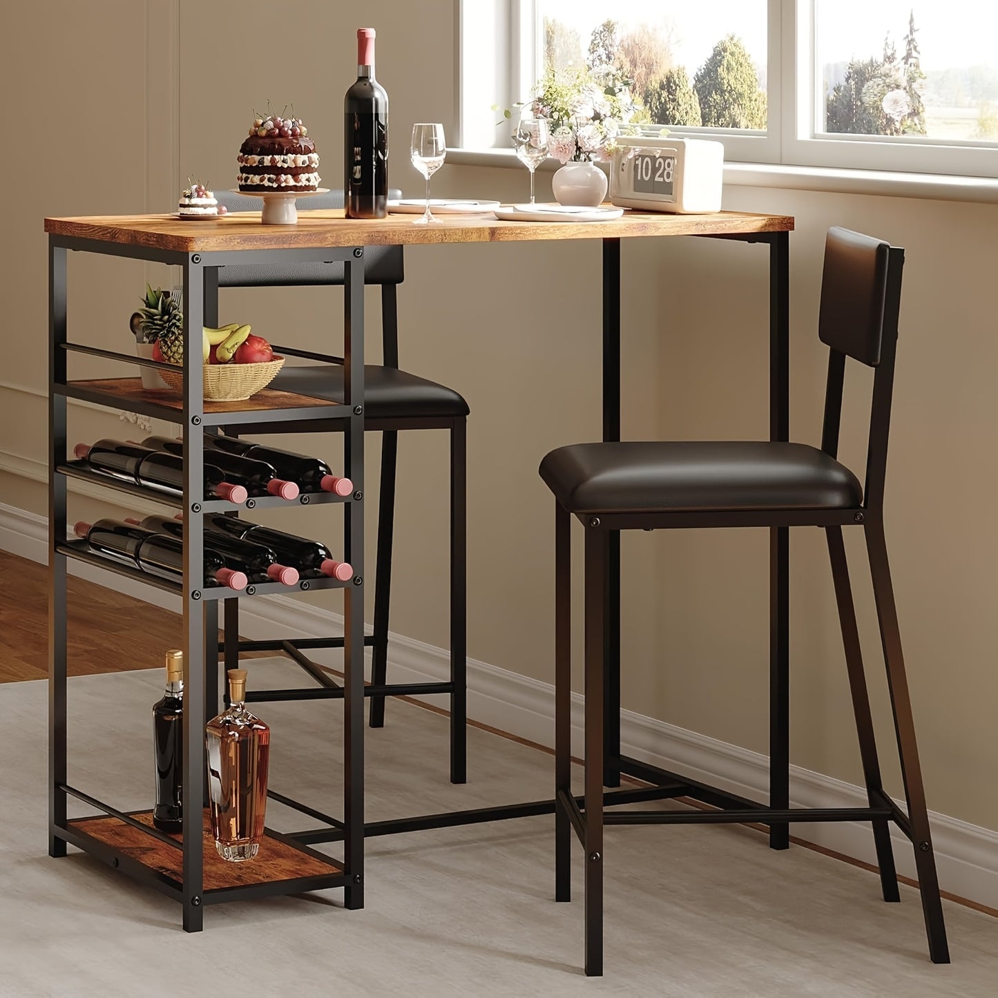 Bistroset – Tuinset – Balkonset – Eettafelset – Tuinmeubelset – Compact Rechthoekig – Met Opbergrekken – Metalen Frame Bruin – Beklede Stoelen Met Slat-Back Rugleuning